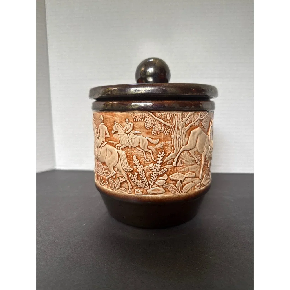 Vintage Ceramic Fox Hunt Scene Canister Lidded Jar Equestrian Relief Brown